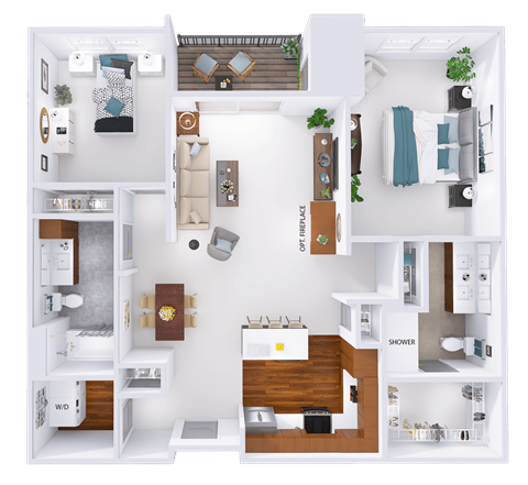 Floor plan for 2 beds, 2 baths, 1195 sqft